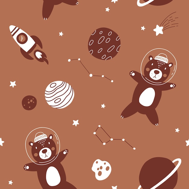 Seamless monochrome childish pattern with astronaut brown bears planet stars and constellation Creative scandinavian kids texture for fabric wrapping textile wallpaper apparel