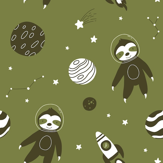 Seamless monochrome childish pattern with astronaut sloth planet stars and constellation Creative scandinavian kids texture for fabric wrapping textile wallpaper apparel