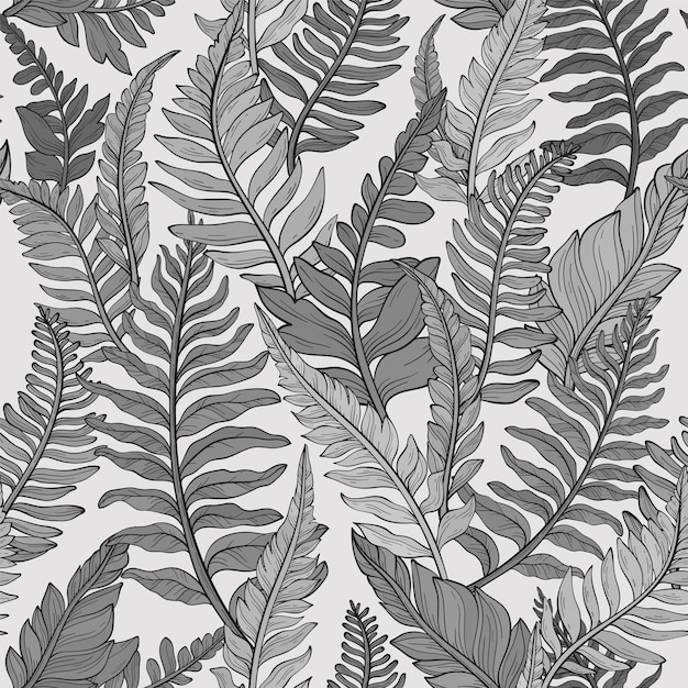 Vector seamless monochrome pattern of wild forest plants leaves and young ferns