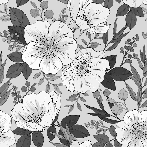 Seamless monochrome pattern with flowers and eucalyptus