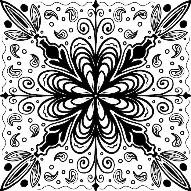 Вектор Бесшовный монохромный узор с пейсли и цветами на белом фоне векторное изображение
