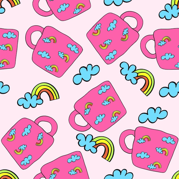 Seamless mug pattern with rainbow and clouds