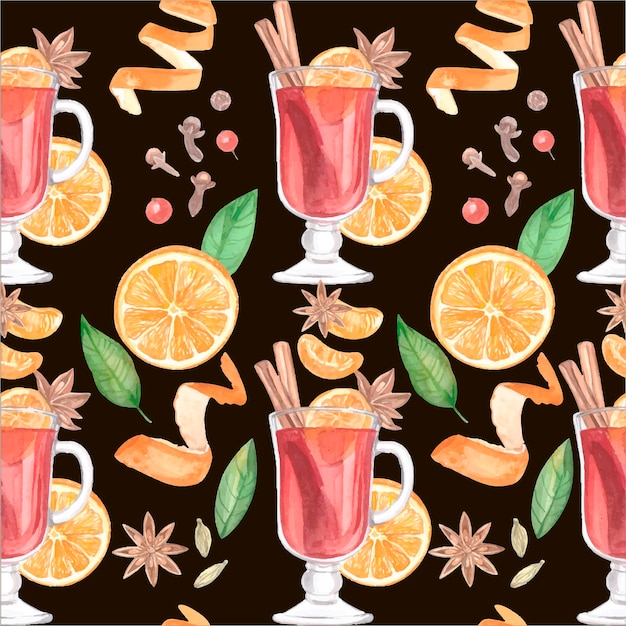 Seamless mulled wine pattern. Watercolor warm wine and spicy elements for design