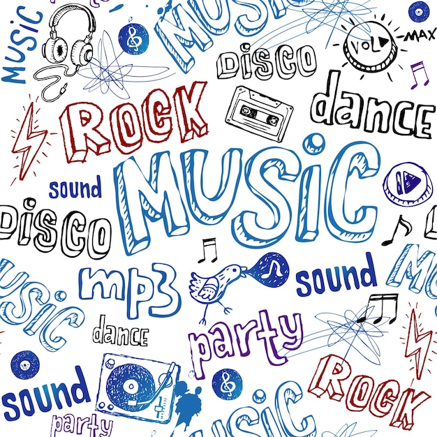 Seamless music background modern youth pattern with cool drawings of various subcultures