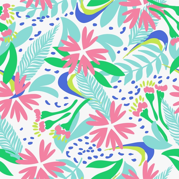 Seamless natural floral pattern abstract pink flowers and  green leaves on a white background