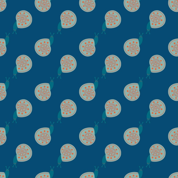 Seamless natural geometrical pattern, snails dark blue background. Vector, hand drawn