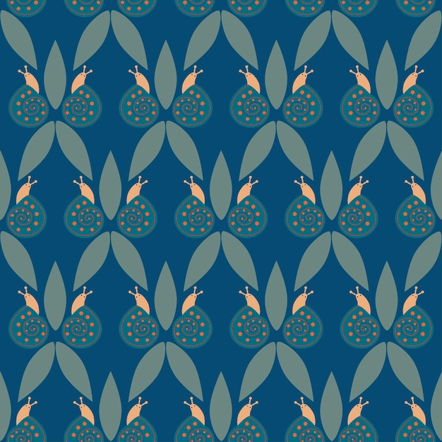 Seamless natural geometrical pattern, snails and leaves, dark blue background. Vector, hand drawn