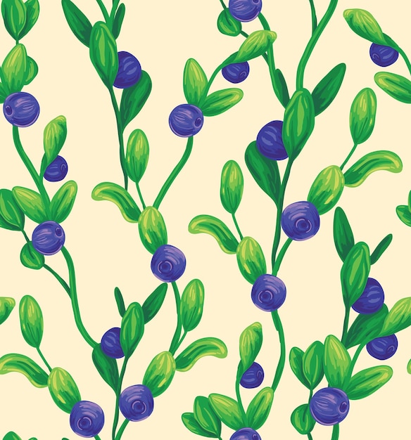 Seamless natural pattern botanical print with blueberries on branches Ecological trendy background design with blue berries juicy green leaves on long stems Vector illustration