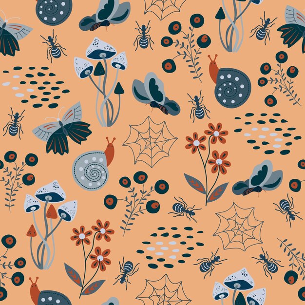 Seamless natural pattern forest herbs insects berries snail butterfly background Vector hand drawn