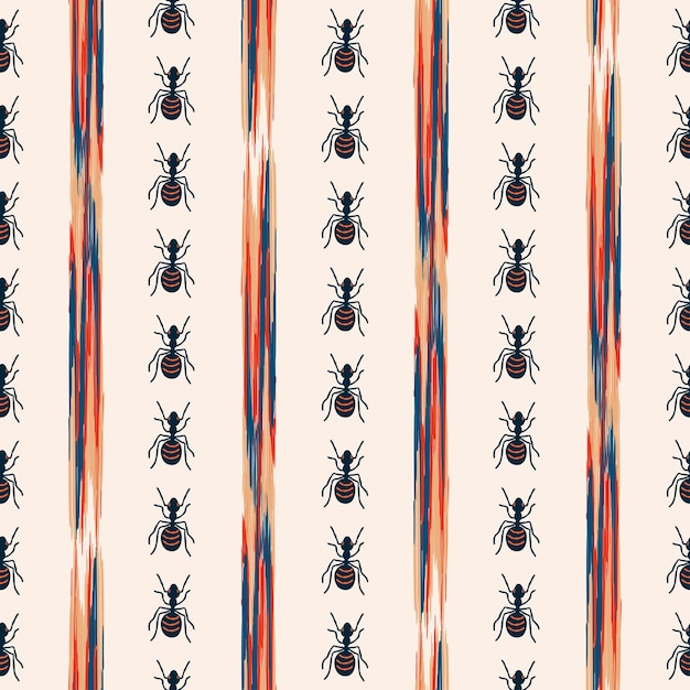 Seamless natural pattern, vertical lines, ants, insects, white background. vector, hand drawn.