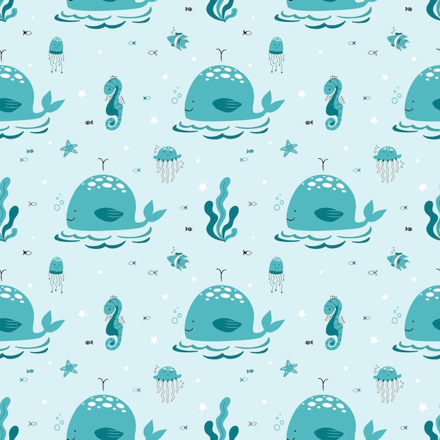 Vector seamless nautical pattern ocean life background