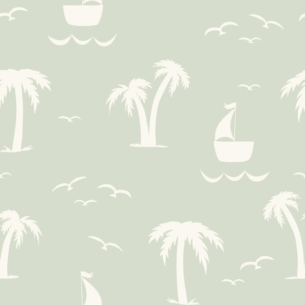 Seamless nautical pattern with silhouettes of palm trees and sailboats on the sea Repeating summer background