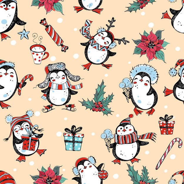 Seamless New Year and Christmas pattern with cute penguins with gifts and poinsettia flowers. Vector