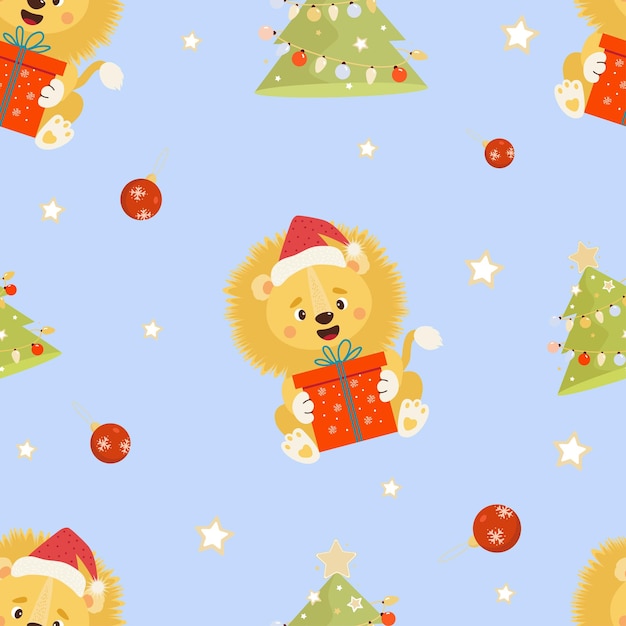 Seamless New Years pattern Cute Santa lion with gift on blue background with Christmas tree