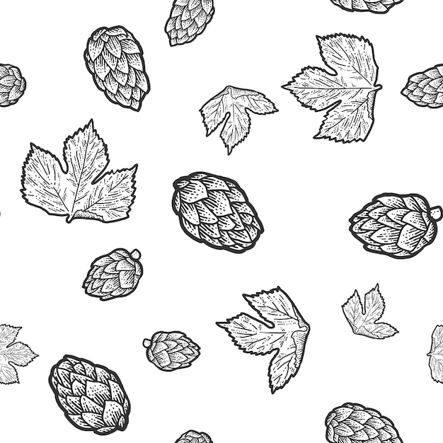 ベクトル シームレス オブジェクト 咲くホップと葉の小枝 黒と白の手描きのイメージ