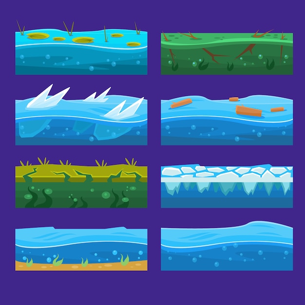 Seamless ocean, sea, water, waves  backgrounds set for ui game in cartoon