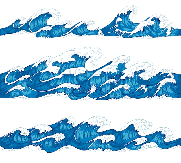 Vector seamless ocean waves. sea surf, decorative surfing wave and water pattern hand drawn sketch illustration set