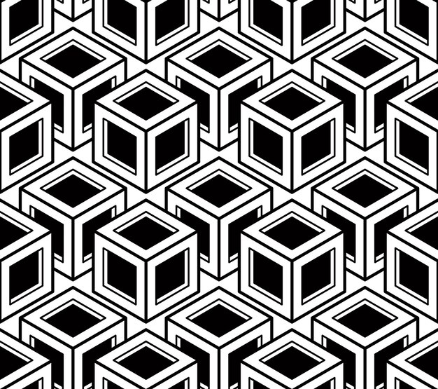 Seamless optical ornamental pattern with three-dimensional geometric figures. Intertwine black and white composition.