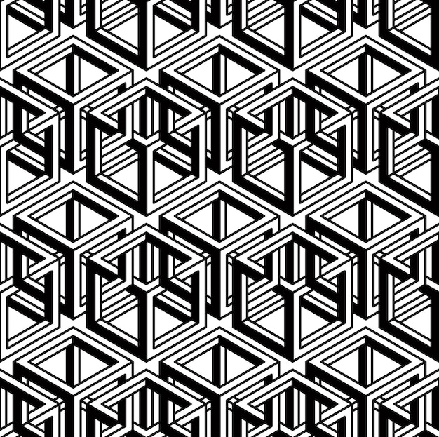 Seamless optical ornamental pattern with three-dimensional geometric figures. Intertwine black and white composition.