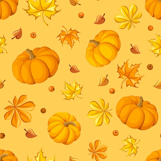 Seamless orange pattern with pumpkins autumn leaves and berries