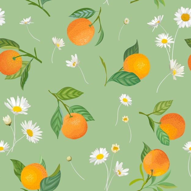 ベクトル 熱帯の果物、葉、デイジーの花の背景とシームレスなオレンジ色のパターン。夏のカバー、熱帯の壁紙、柑橘類のヴィンテージのテクスチャの水彩スタイルの手描きのベクトル図