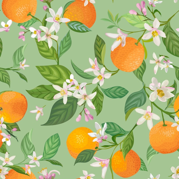 Vector seamless orange pattern with tropic fruits, leaves, flowers background. hand drawn vector illustration in watercolor style for summer cover, citrus tropical wallpaper, vintage texture