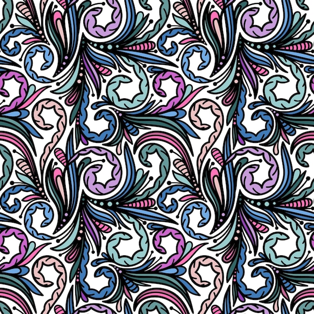 SEAMLESS ORIENTAL PATTERN WITH MULTICOLORED ELEMENTS ON A WHITE BACKGROUND IN VECTOR