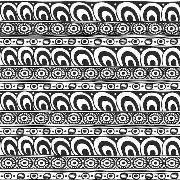 Seamless ornament from round geometric elements in zen ethnic style black and white