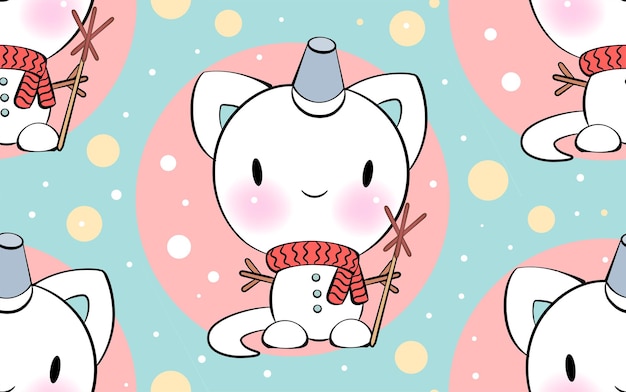 Вектор Бесшовные орнамент с милый кот снеговик в стиле каваи вектор шаблон счастливого рождества кошки