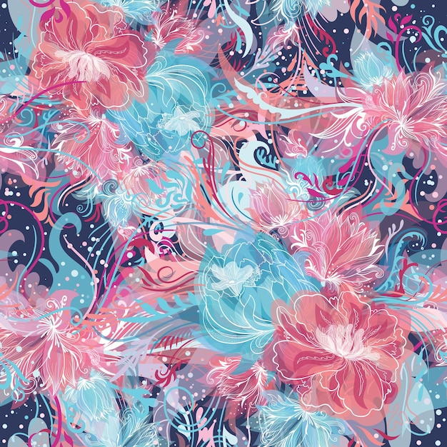 Seamless ornamental doodle sketch style background with watercolor effect and white lines in blue and pink colors