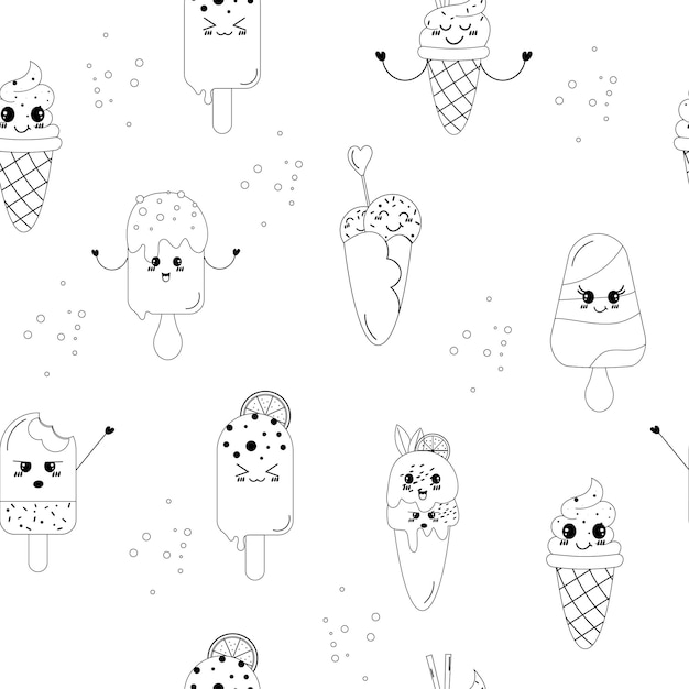 Seamless outline kawaii ice cream pattern drawn