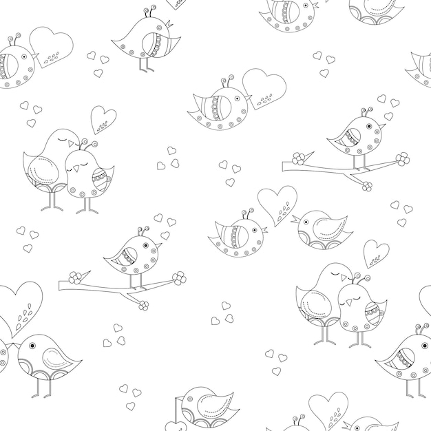 Seamless outline pattern of cartoon birds in love