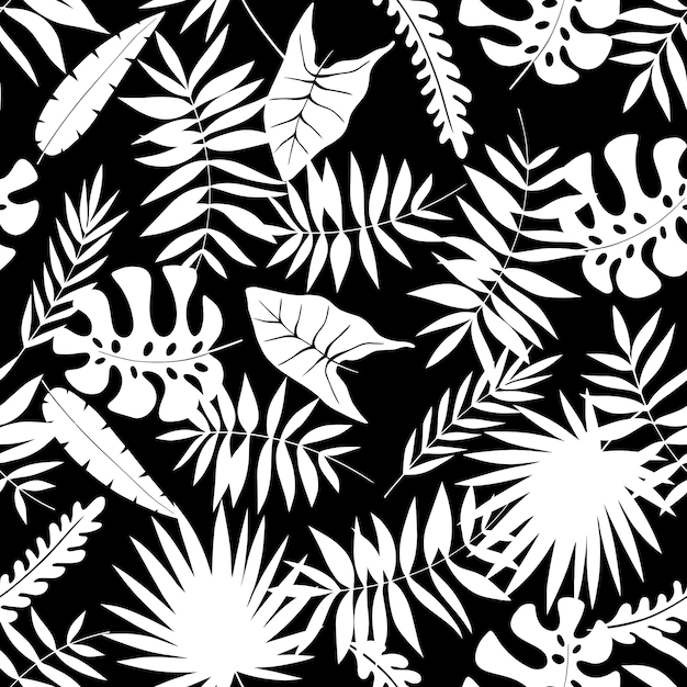 Seamless palm leaves black and white vector illustration