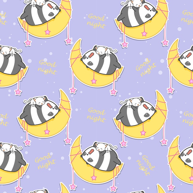 Seamless panda and cat are sleeping on the moon pattern.