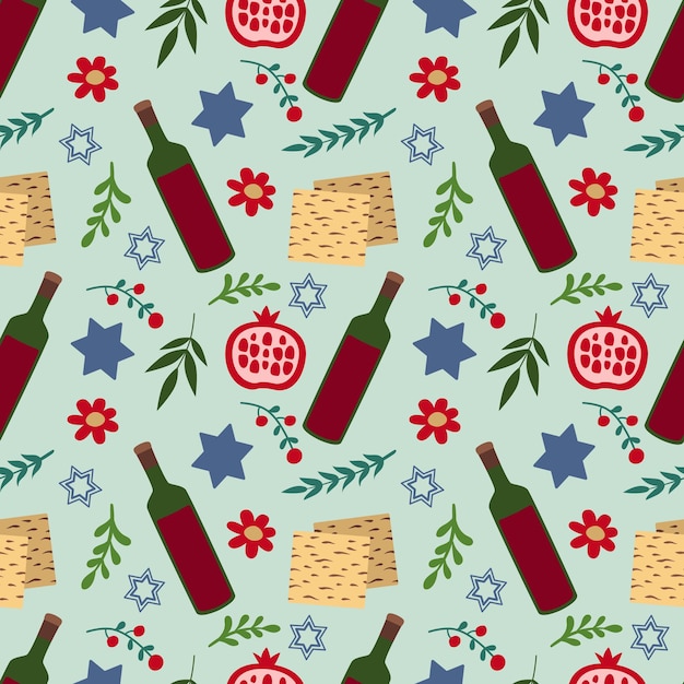 Seamless Passover pattern Wine matzo fruits and flowers