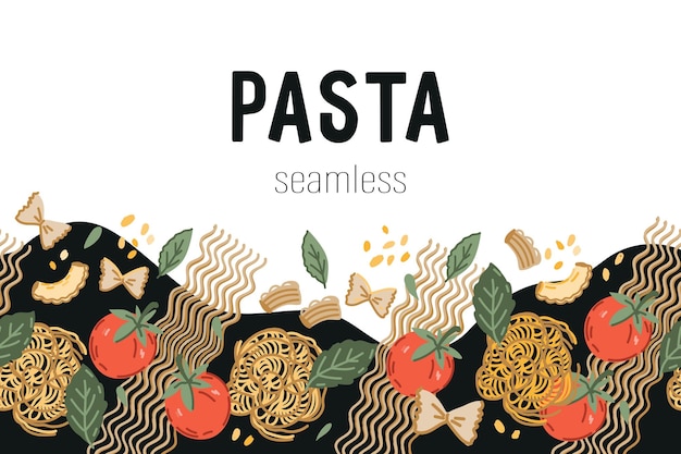 Vector seamless pasta and italian cuisine border hand drawn flat vector illustration