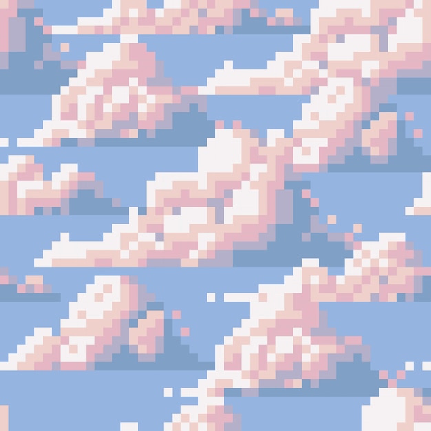 Vector seamless pastel color cloud pixel art patttern