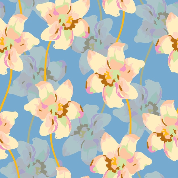 Seamless pastel flowers pattern on blue background greeting card or fabric