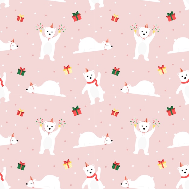 Seamless patern polar bear and gift on pink background