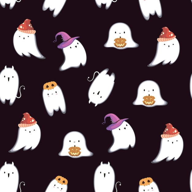 Вектор Бесшовный узор с милыми призраками в мультяшном стиле хэллоуин