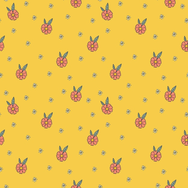 Seamless patern with yellow background small white and flowers. Retro groovy background textile.