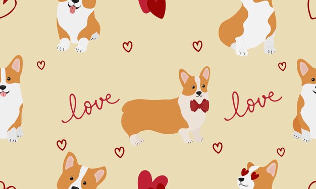 Patten senza cuciture con corgi e cuori sfondo per biglietti di auguri di carta da imballaggio