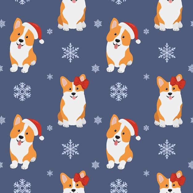 Seamless patten with corgis in Santa Claus hat and snowflakes Background for wrapping paper greeting cards and seasonal designs Merry Christmas and Happy new year