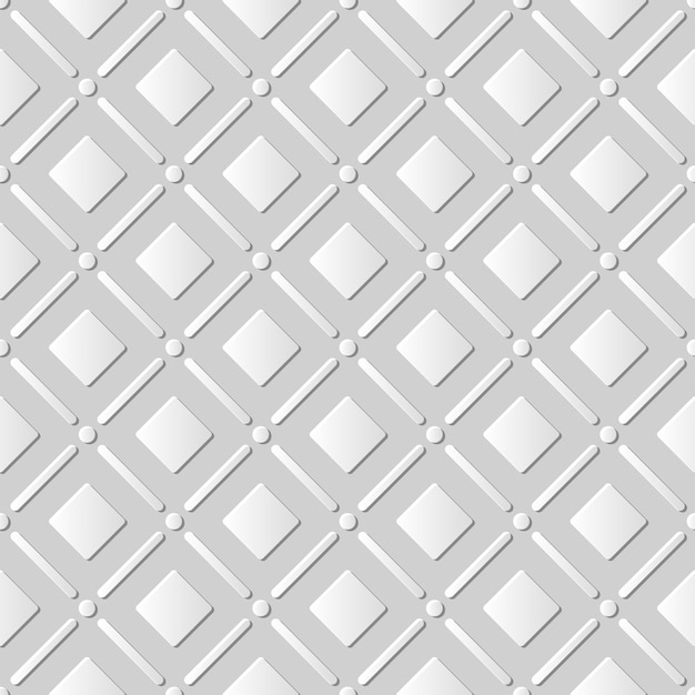 Seamless pattern 3D white paper cut art round corner square check cross line