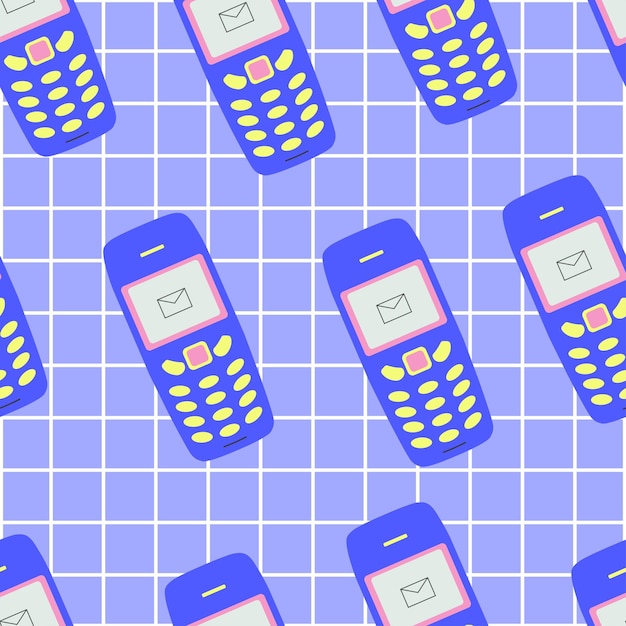 Seamless pattern 90's cellphone Phones on a checkered background