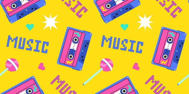 Seamless pattern of the 90s, 80s. Retro cassette, music, lollipop, sucking candy and pixels. 8 bit