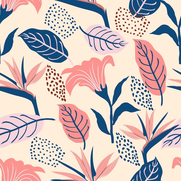 Seamless pattern of abstract botanical floral tropical flowers and leaves