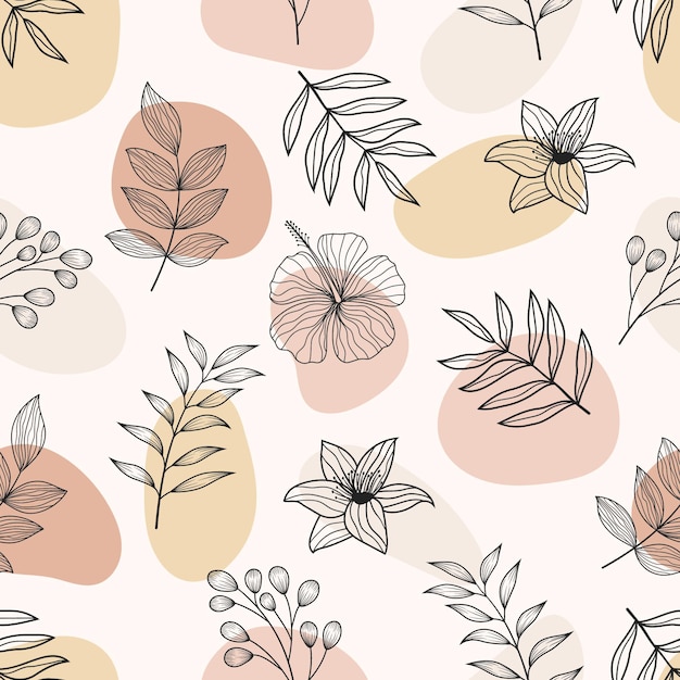 Seamless pattern of abstract botanical floral tropical leaves line art sketch style