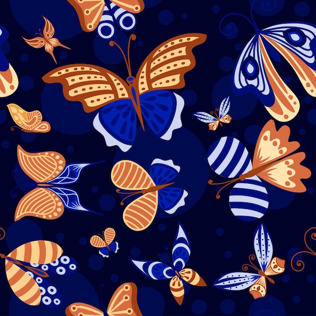 Бесшовный фон абстрактных красочных декоративных бабочек мяты, синего и коричневого цвета плоской векторной иллюстрации на темном фоне.