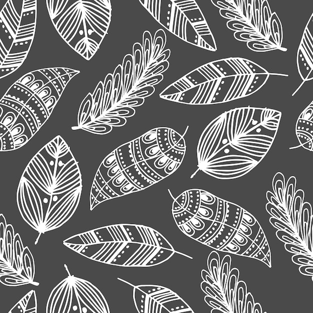 Vector seamless pattern of abstract doodle leaves white outline on a gray background